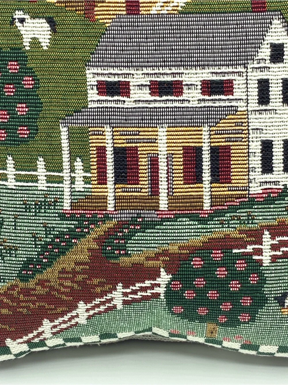Vintage Farm Scene Tapestry Pillow Apple Orchard Cow USA Made